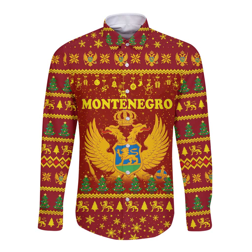 Montenegro Christmas Long Sleeve Button Shirt with Red-Gold Theme, Double-Headed Eagle, and Santa Motif - Wonder Print Shop