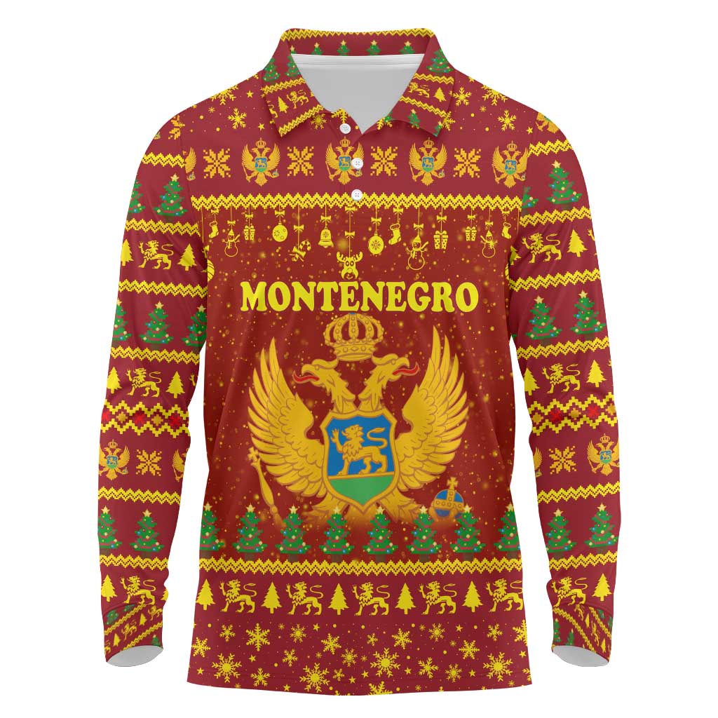 Montenegro Christmas Long Sleeve Polo Shirt with Red-Gold Theme, Double-Headed Eagle, and Santa Motif - Wonder Print Shop