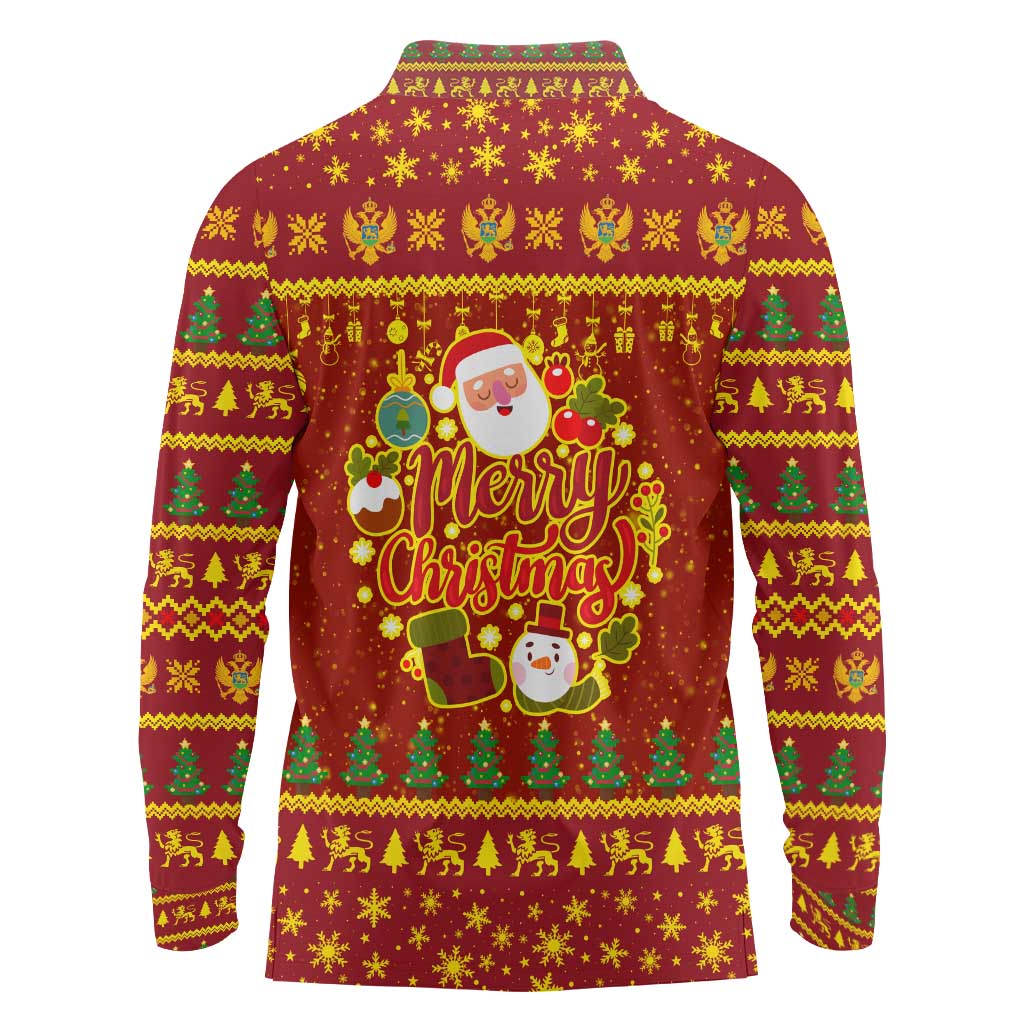 Montenegro Christmas Long Sleeve Polo Shirt with Red-Gold Theme, Double-Headed Eagle, and Santa Motif - Wonder Print Shop
