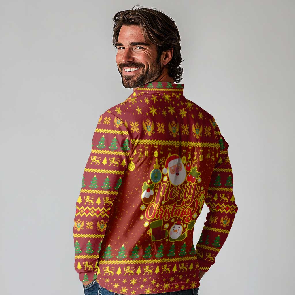 Montenegro Christmas Long Sleeve Polo Shirt with Red-Gold Theme, Double-Headed Eagle, and Santa Motif - Wonder Print Shop