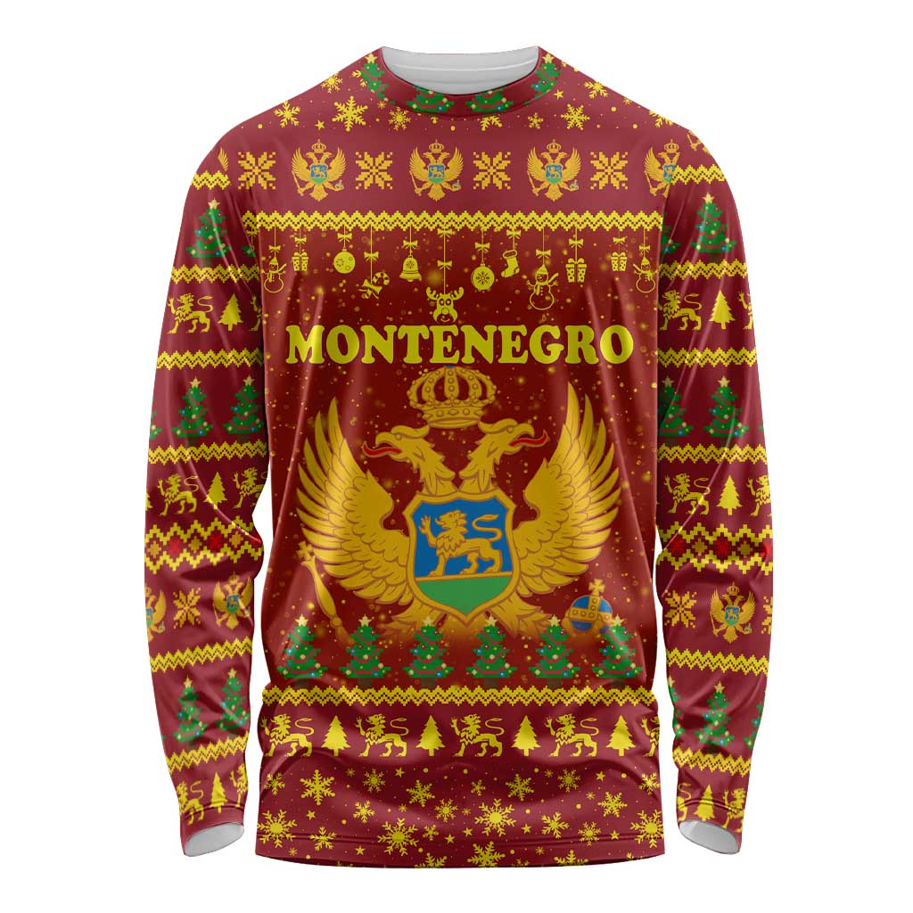 Montenegro Christmas Long Sleeve Shirt with Red-Gold Theme, Double-Headed Eagle, and Santa Motif - Wonder Print Shop
