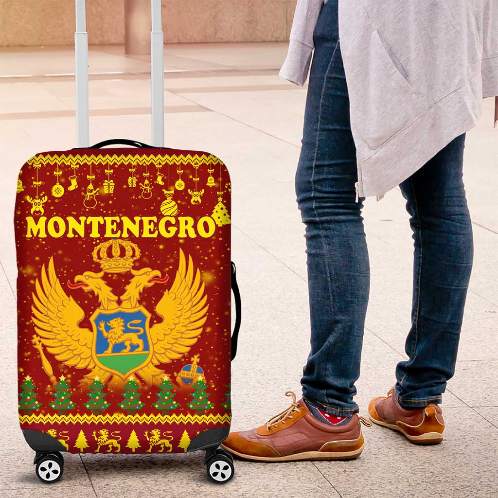 Montenegro Christmas Luggage Cover with Red-Gold Theme, Double-Headed Eagle, and Santa Motif - Wonder Print Shop