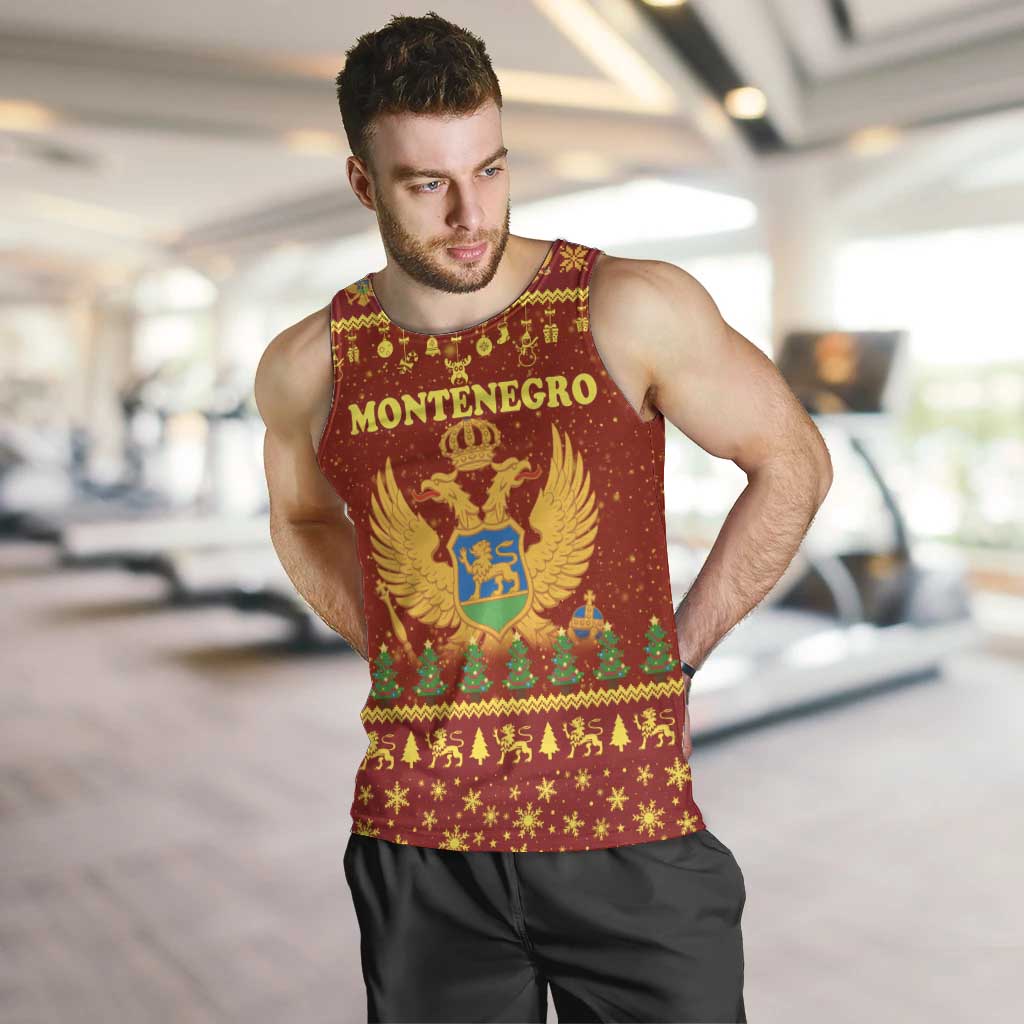Montenegro Christmas Men Tank Top with Red-Gold Theme, Double-Headed Eagle, and Santa Motif - Wonder Print Shop