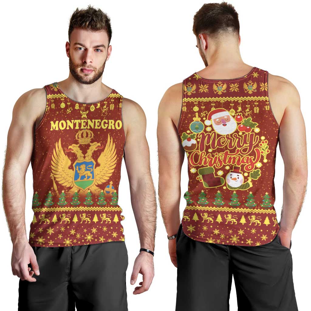 Montenegro Christmas Men Tank Top with Red-Gold Theme, Double-Headed Eagle, and Santa Motif - Wonder Print Shop