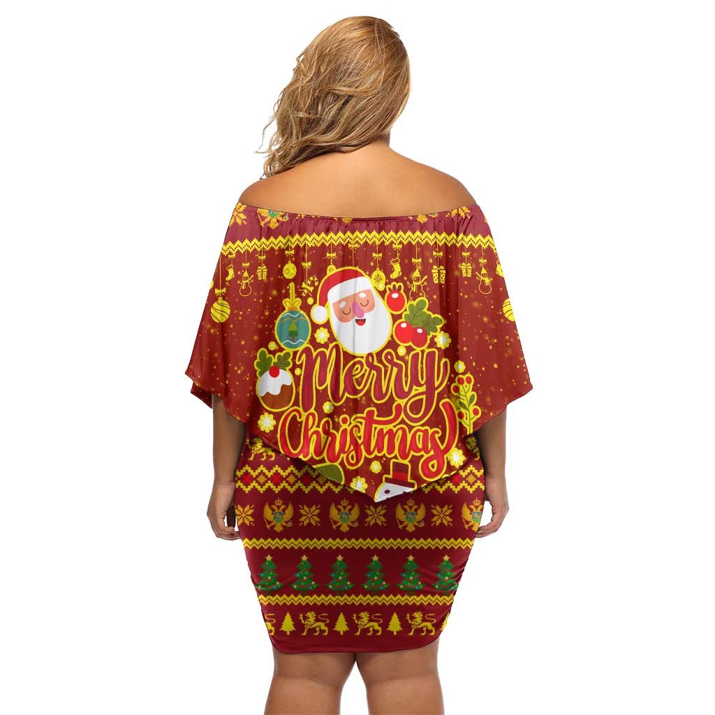 Montenegro Christmas Off Shoulder Short Dress with Red-Gold Theme, Double-Headed Eagle, and Santa Motif - Wonder Print Shop