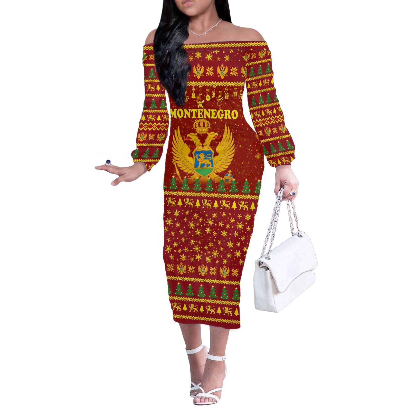 Montenegro Christmas Off The Shoulder Long Sleeve Dress with Red-Gold Theme, Double-Headed Eagle, and Santa Motif - Wonder Print Shop