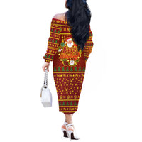 Montenegro Christmas Off The Shoulder Long Sleeve Dress with Red-Gold Theme, Double-Headed Eagle, and Santa Motif - Wonder Print Shop