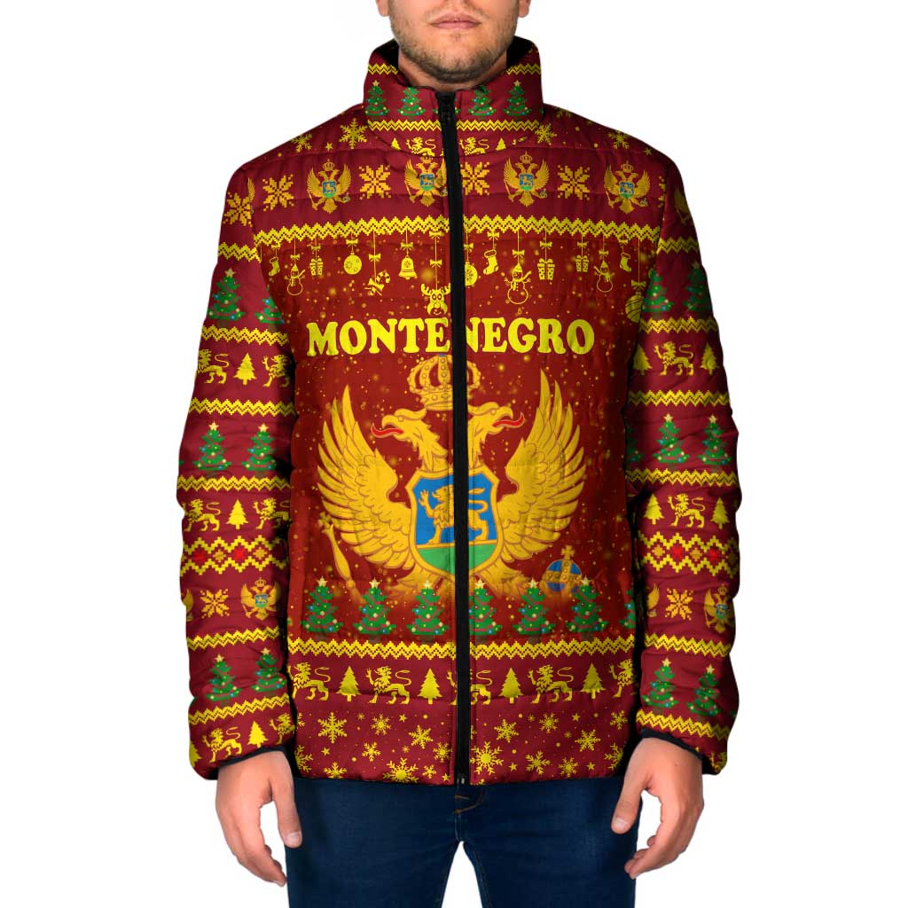 Montenegro Christmas Padded Jacket with Red-Gold Theme, Double-Headed Eagle, and Santa Motif - Wonder Print Shop
