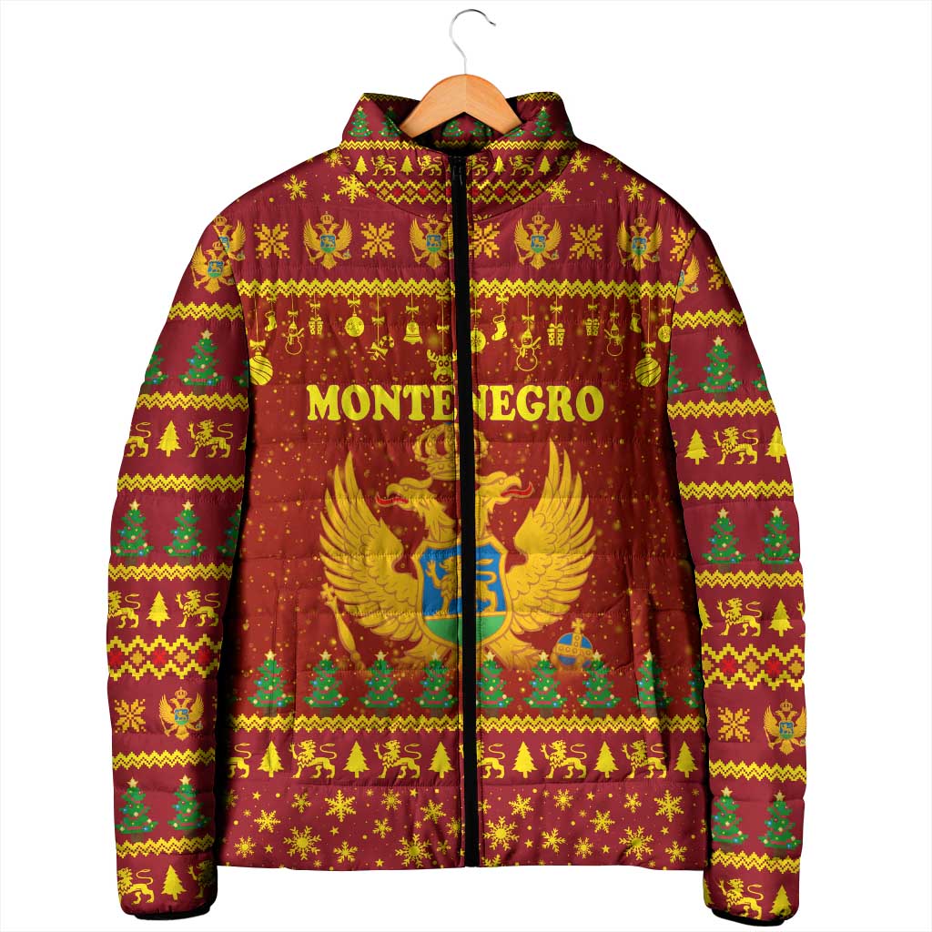 Montenegro Christmas Padded Jacket with Red-Gold Theme, Double-Headed Eagle, and Santa Motif - Wonder Print Shop