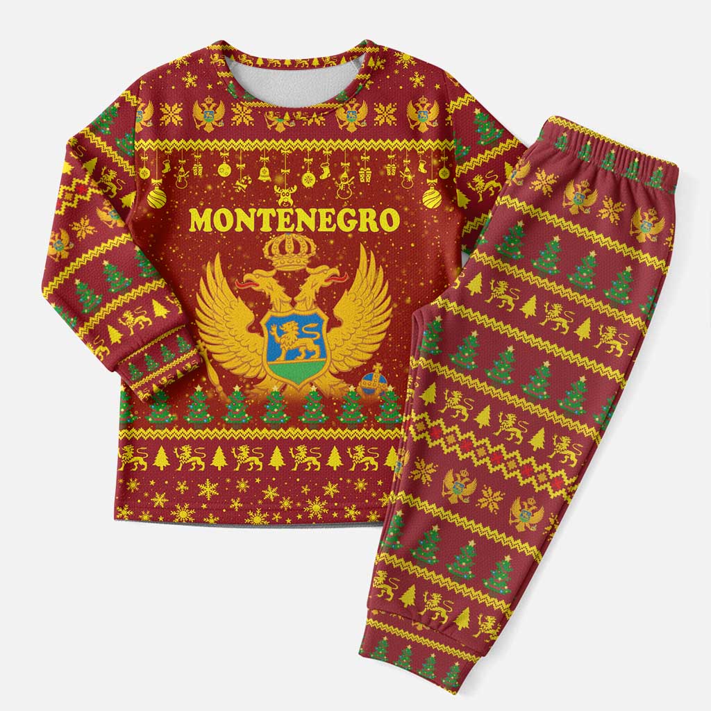 Montenegro Christmas Pajama Set with Red-Gold Theme, Double-Headed Eagle, and Santa Motif - Wonder Print Shop