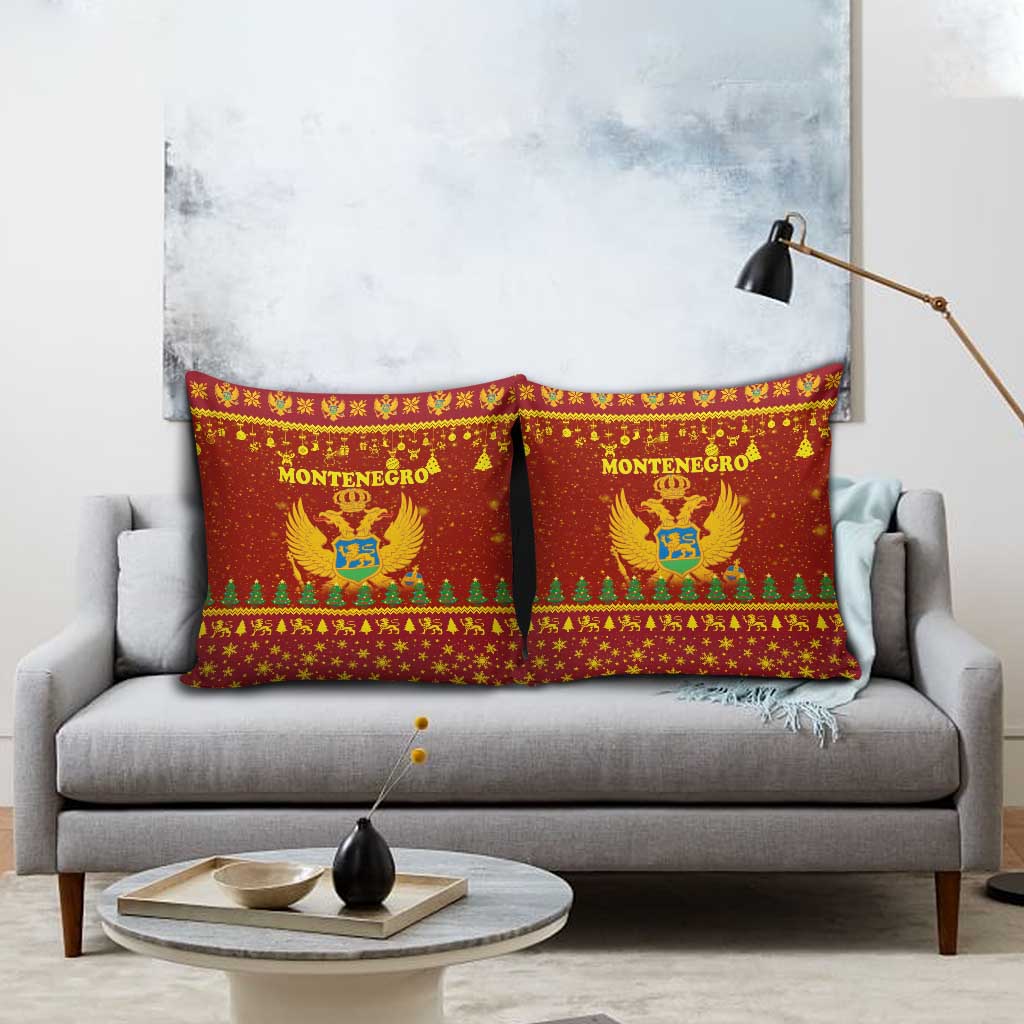 Montenegro Christmas Pillow Cover with Red-Gold Theme, Double-Headed Eagle, and Santa Motif - Wonder Print Shop
