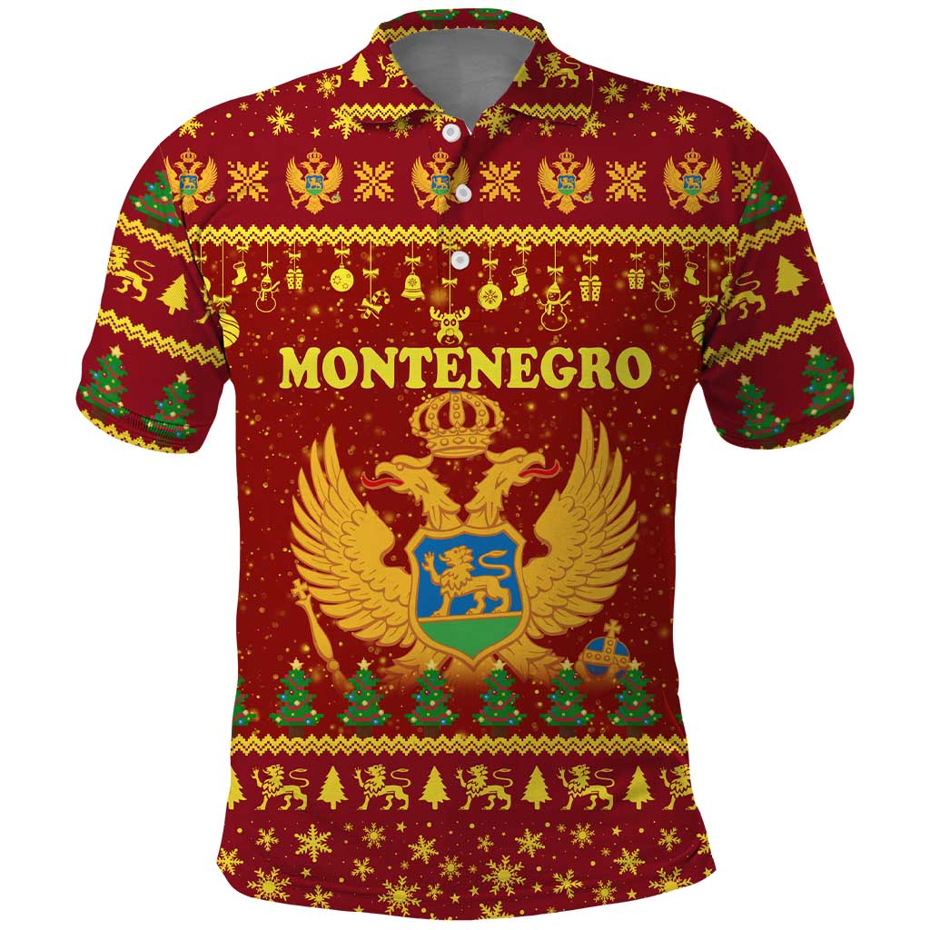 Montenegro Christmas Polo Shirt with Red-Gold Theme, Double-Headed Eagle, and Santa Motif - Wonder Print Shop
