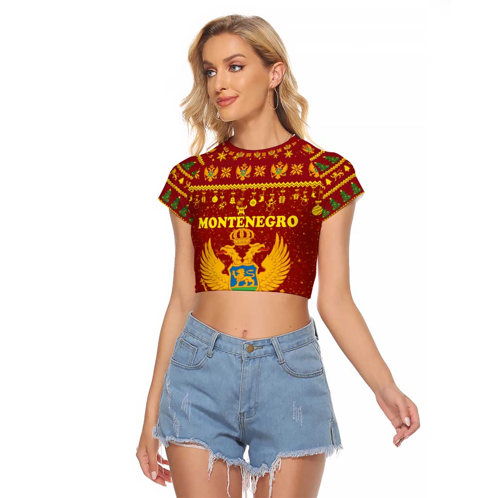 Montenegro Christmas Raglan Cropped T Shirt with Red-Gold Theme, Double-Headed Eagle, and Santa Motif - Wonder Print Shop