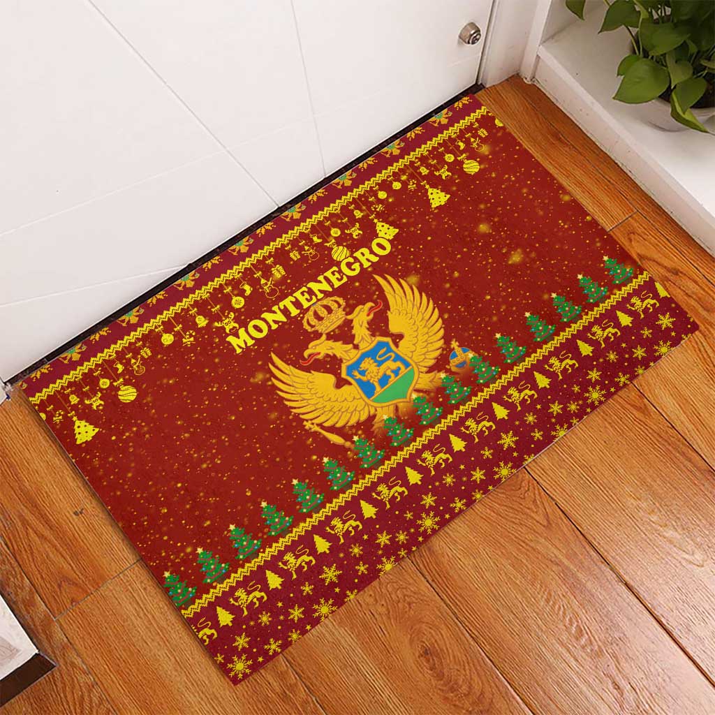 Montenegro Christmas Rubber Doormat with Red-Gold Theme, Double-Headed Eagle, and Santa Motif - Wonder Print Shop
