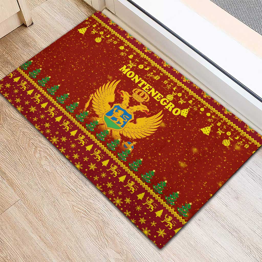 Montenegro Christmas Rubber Doormat with Red-Gold Theme, Double-Headed Eagle, and Santa Motif - Wonder Print Shop