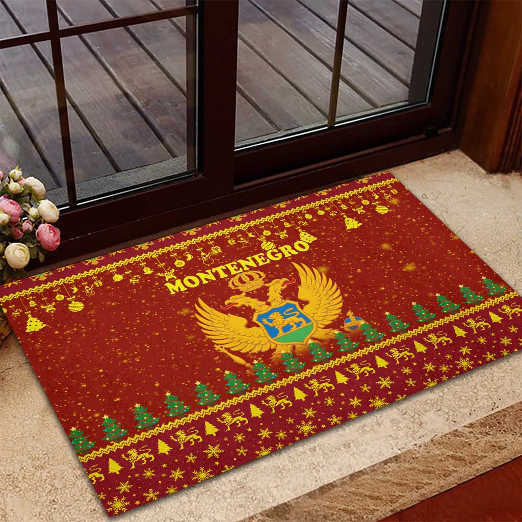 Montenegro Christmas Rubber Doormat with Red-Gold Theme, Double-Headed Eagle, and Santa Motif - Wonder Print Shop