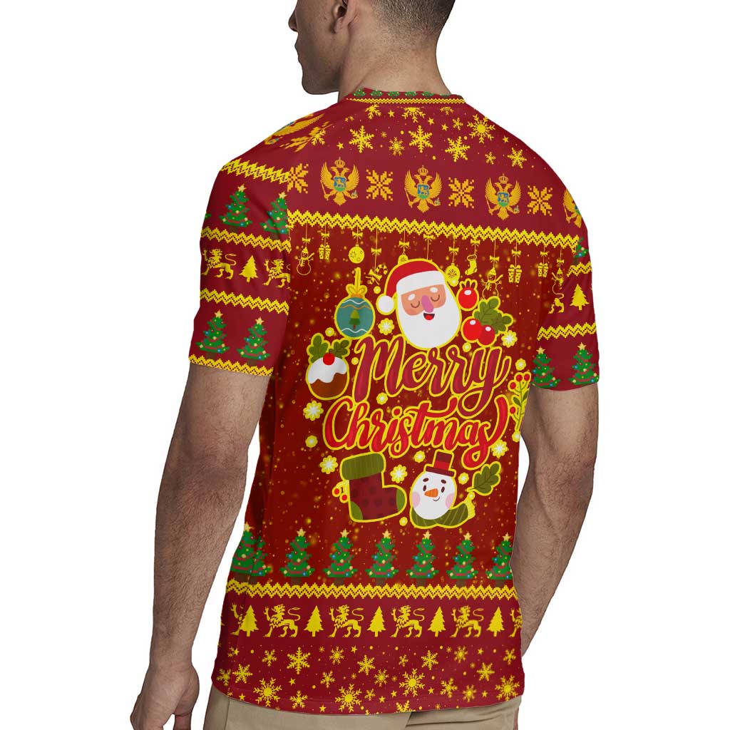 Montenegro Christmas Rugby Jersey with Red-Gold Theme, Double-Headed Eagle, and Santa Motif - Wonder Print Shop