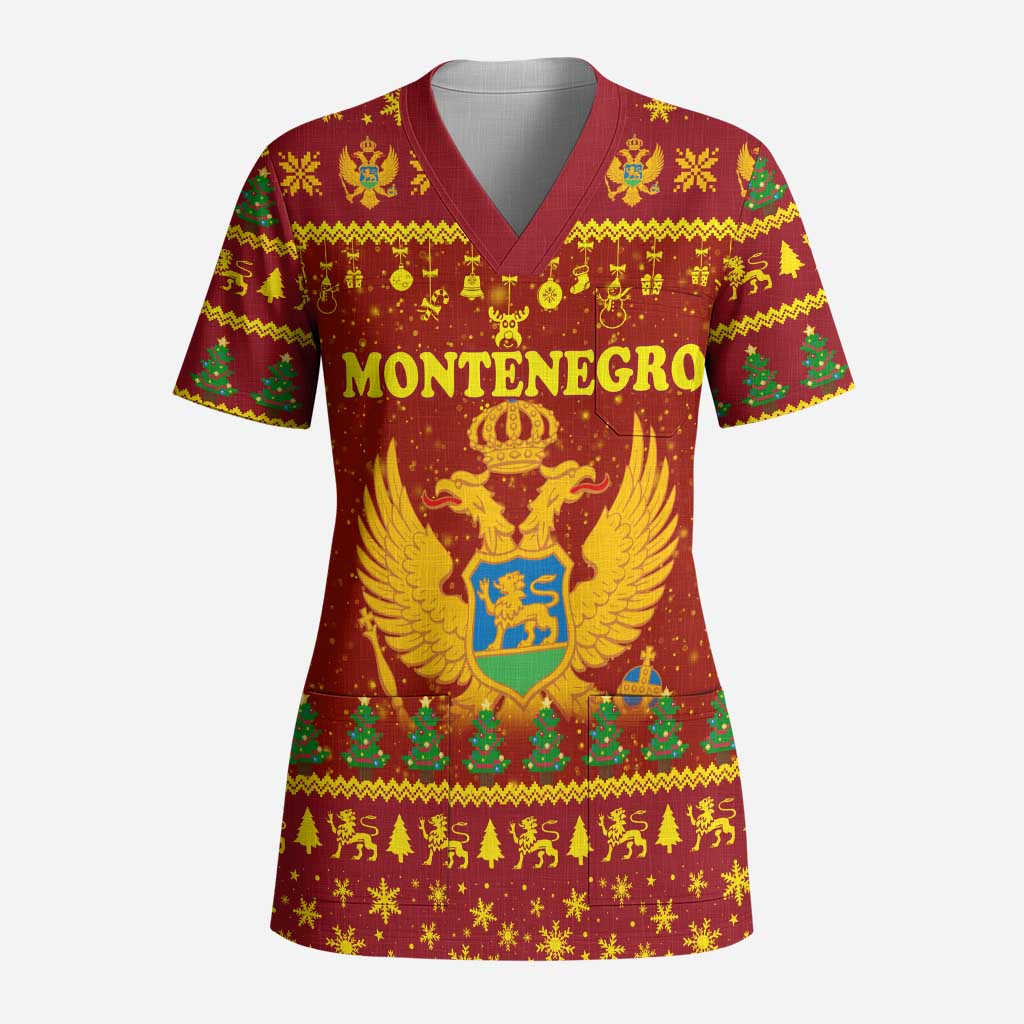 Montenegro Christmas Scrub Top with Red-Gold Theme, Double-Headed Eagle, and Santa Motif - Wonder Print Shop