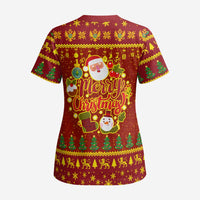 Montenegro Christmas Scrub Top with Red-Gold Theme, Double-Headed Eagle, and Santa Motif - Wonder Print Shop