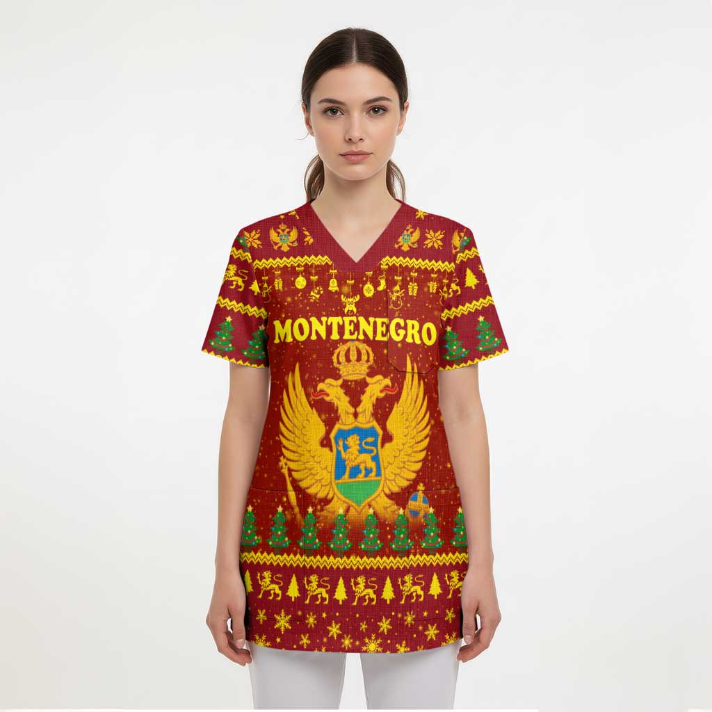 Montenegro Christmas Scrub Top with Red-Gold Theme, Double-Headed Eagle, and Santa Motif - Wonder Print Shop