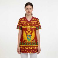 Montenegro Christmas Scrub Top with Red-Gold Theme, Double-Headed Eagle, and Santa Motif - Wonder Print Shop