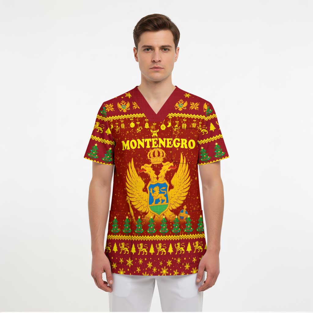 Montenegro Christmas Scrub Top with Red-Gold Theme, Double-Headed Eagle, and Santa Motif - Wonder Print Shop