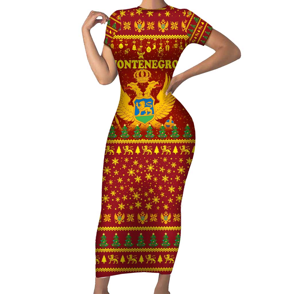 Montenegro Christmas Short Sleeve Bodycon Dress with Red-Gold Theme, Double-Headed Eagle, and Santa Motif - Wonder Print Shop