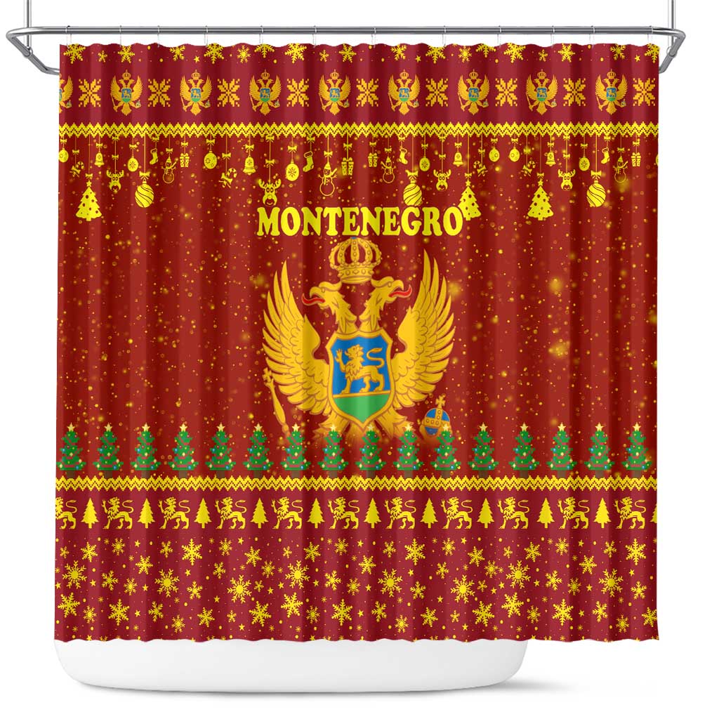 Montenegro Christmas Shower Curtain with Red-Gold Theme, Double-Headed Eagle, and Santa Motif - Wonder Print Shop