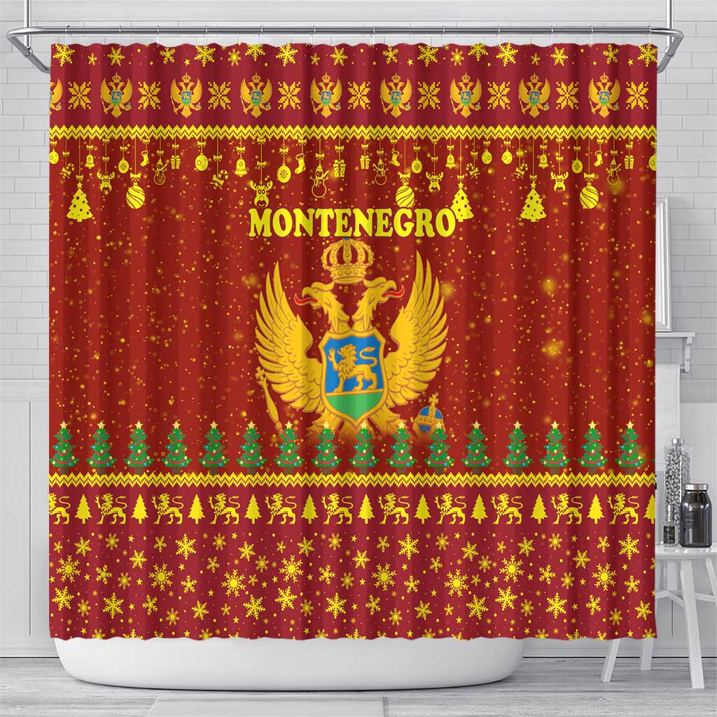 Montenegro Christmas Shower Curtain with Red-Gold Theme, Double-Headed Eagle, and Santa Motif - Wonder Print Shop