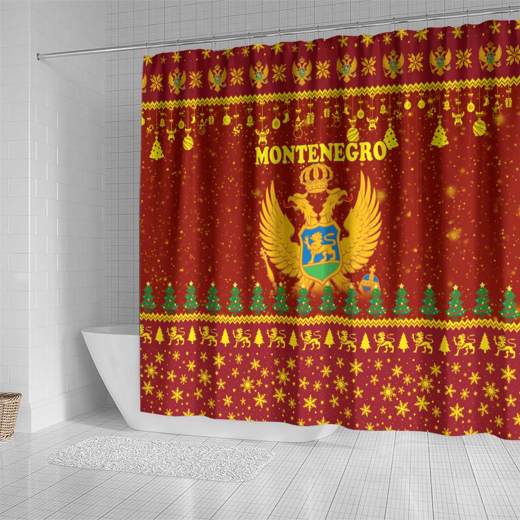 Montenegro Christmas Shower Curtain with Red-Gold Theme, Double-Headed Eagle, and Santa Motif - Wonder Print Shop