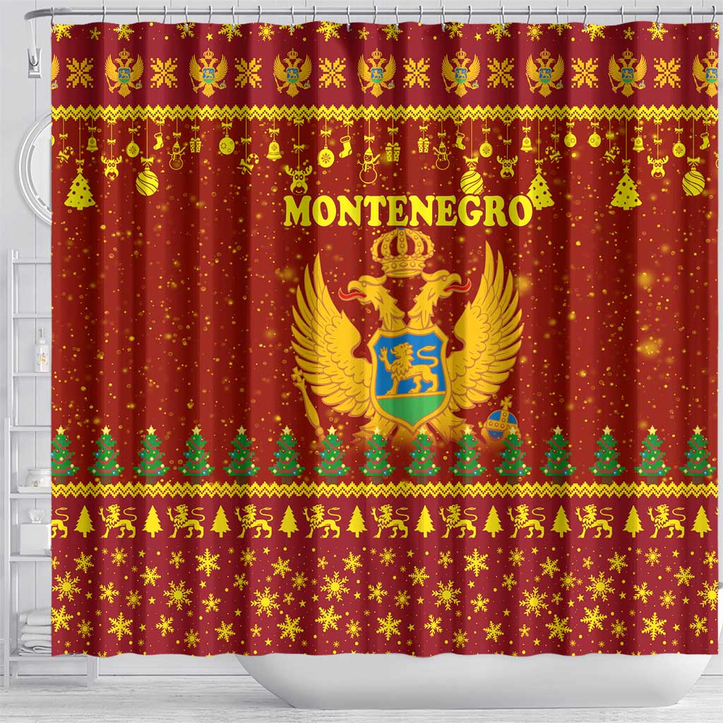 Montenegro Christmas Shower Curtain with Red-Gold Theme, Double-Headed Eagle, and Santa Motif - Wonder Print Shop