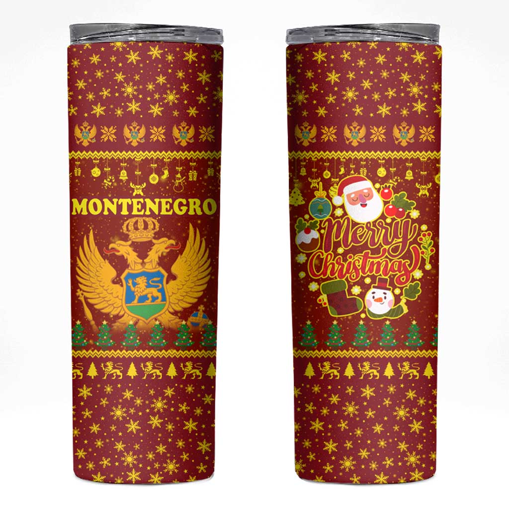Montenegro Christmas Skinny Tumbler with Red-Gold Theme, Double-Headed Eagle, and Santa Motif - Wonder Print Shop