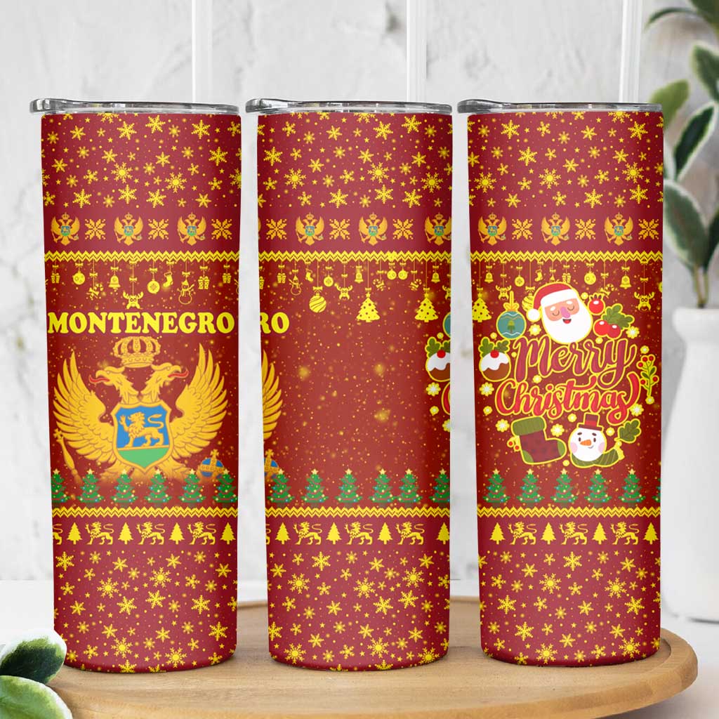 Montenegro Christmas Skinny Tumbler with Red-Gold Theme, Double-Headed Eagle, and Santa Motif - Wonder Print Shop