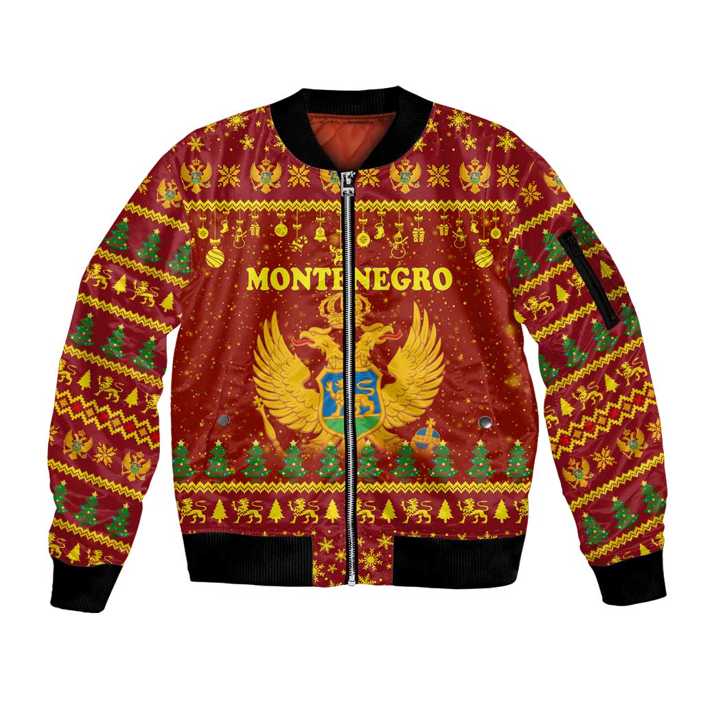 Montenegro Christmas Sleeve Zip Bomber Jacket with Red-Gold Theme, Double-Headed Eagle, and Santa Motif - Wonder Print Shop