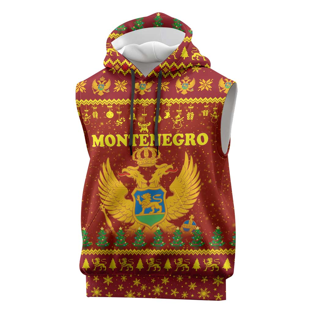 Montenegro Christmas Sleeveless Hoodie with Red-Gold Theme, Double-Headed Eagle, and Santa Motif - Wonder Print Shop