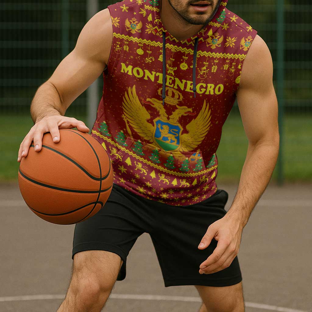 Montenegro Christmas Sleeveless Hoodie with Red-Gold Theme, Double-Headed Eagle, and Santa Motif - Wonder Print Shop