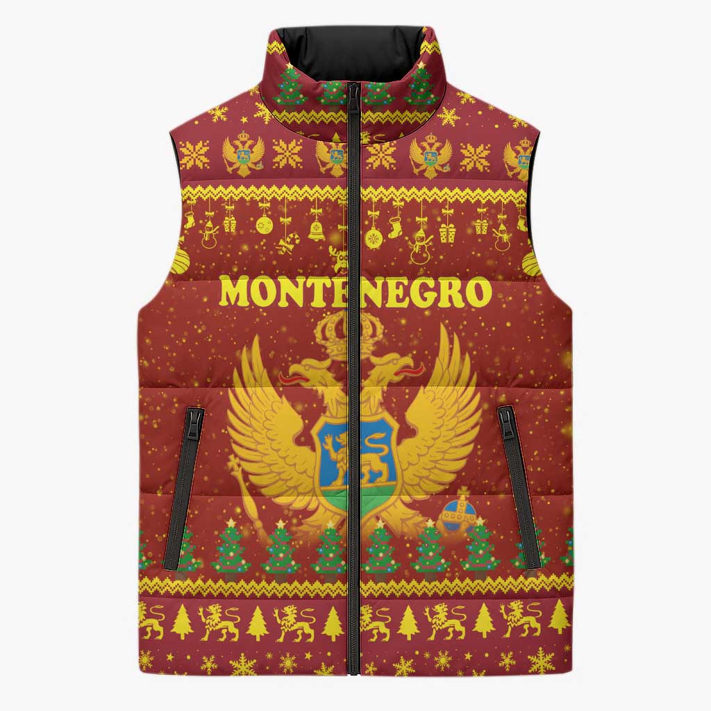 Montenegro Christmas Sleeveless Puffer Jacket with Red-Gold Theme, Double-Headed Eagle, and Santa Motif - Wonder Print Shop