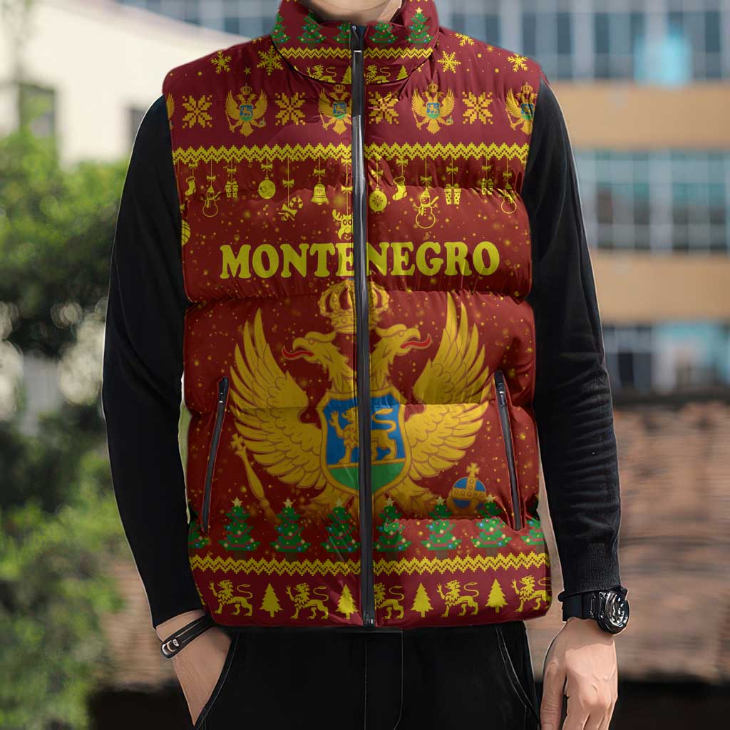 Montenegro Christmas Sleeveless Puffer Jacket with Red-Gold Theme, Double-Headed Eagle, and Santa Motif - Wonder Print Shop