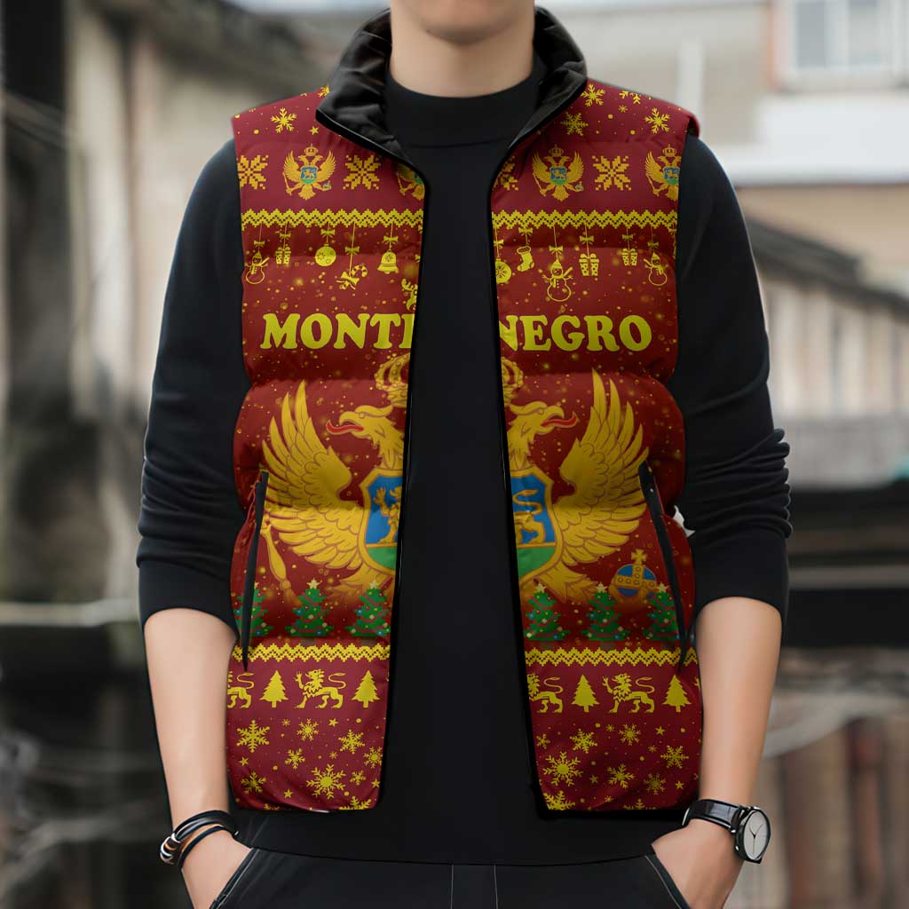 Montenegro Christmas Sleeveless Puffer Jacket with Red-Gold Theme, Double-Headed Eagle, and Santa Motif - Wonder Print Shop