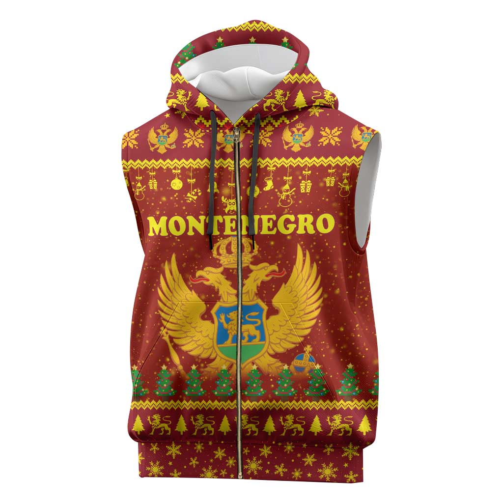 Montenegro Christmas Sleeveless Zip Hoodie with Red-Gold Theme, Double-Headed Eagle, and Santa Motif - Wonder Print Shop