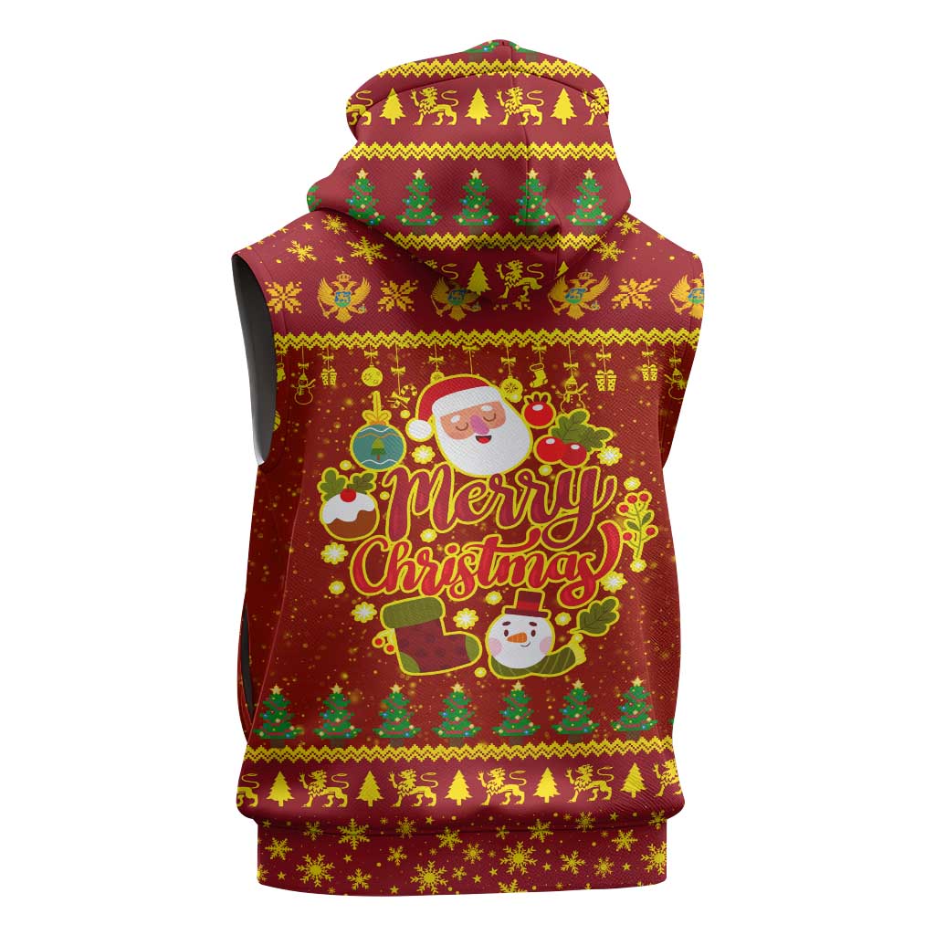 Montenegro Christmas Sleeveless Zip Hoodie with Red-Gold Theme, Double-Headed Eagle, and Santa Motif - Wonder Print Shop