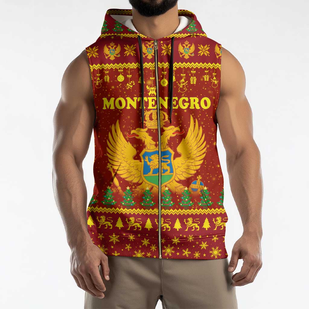 Montenegro Christmas Sleeveless Zip Hoodie with Red-Gold Theme, Double-Headed Eagle, and Santa Motif - Wonder Print Shop