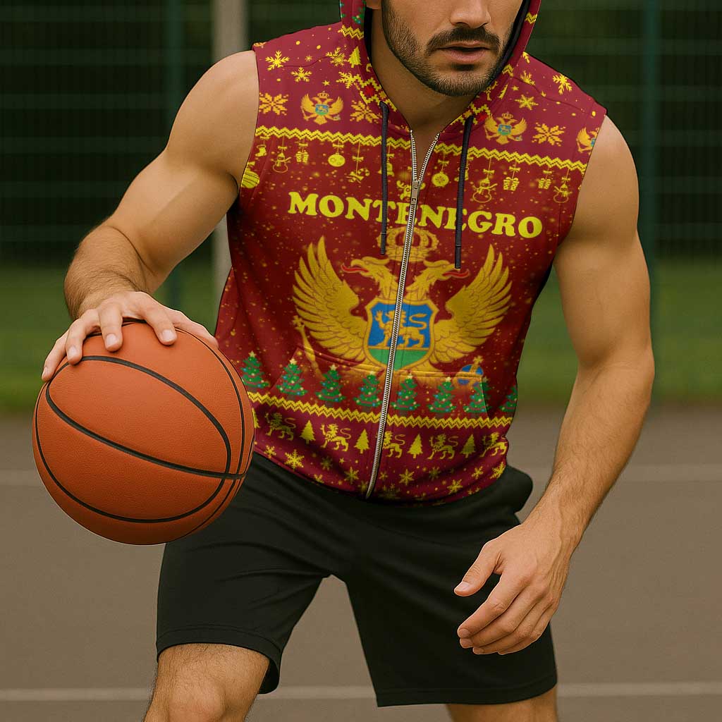 Montenegro Christmas Sleeveless Zip Hoodie with Red-Gold Theme, Double-Headed Eagle, and Santa Motif - Wonder Print Shop