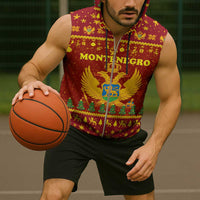 Montenegro Christmas Sleeveless Zip Hoodie with Red-Gold Theme, Double-Headed Eagle, and Santa Motif - Wonder Print Shop