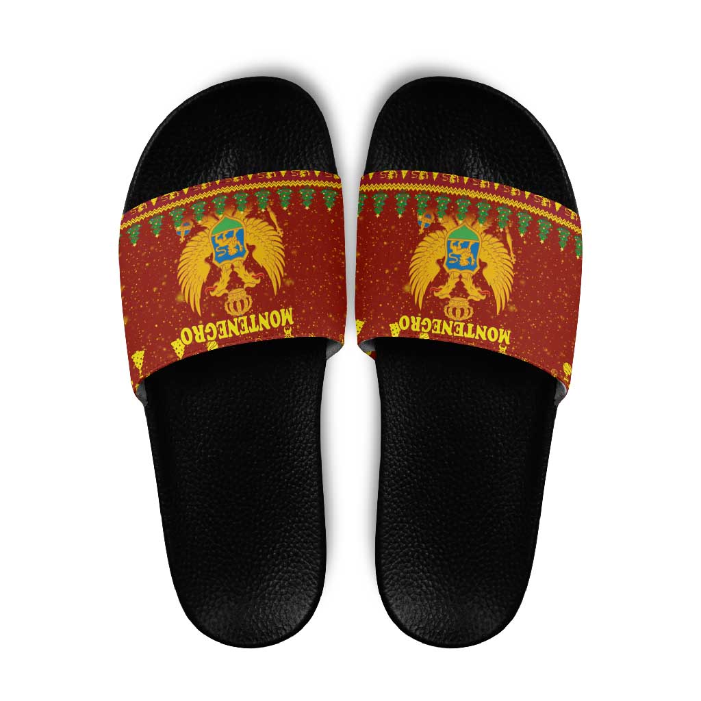 Montenegro Christmas Slide Sandals with Red-Gold Theme, Double-Headed Eagle, and Santa Motif - Wonder Print Shop