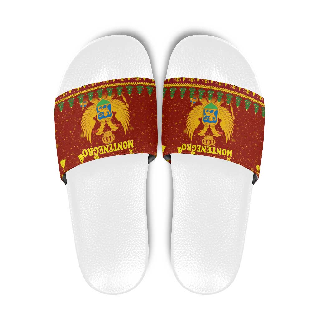 Montenegro Christmas Slide Sandals with Red-Gold Theme, Double-Headed Eagle, and Santa Motif - Wonder Print Shop