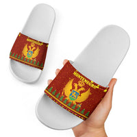 Montenegro Christmas Slide Sandals with Red-Gold Theme, Double-Headed Eagle, and Santa Motif - Wonder Print Shop