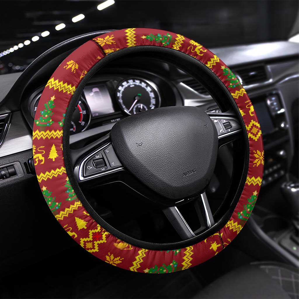 Montenegro Christmas Steering Wheel Cover with Red-Gold Theme, Double-Headed Eagle, and Santa Motif - Wonder Print Shop