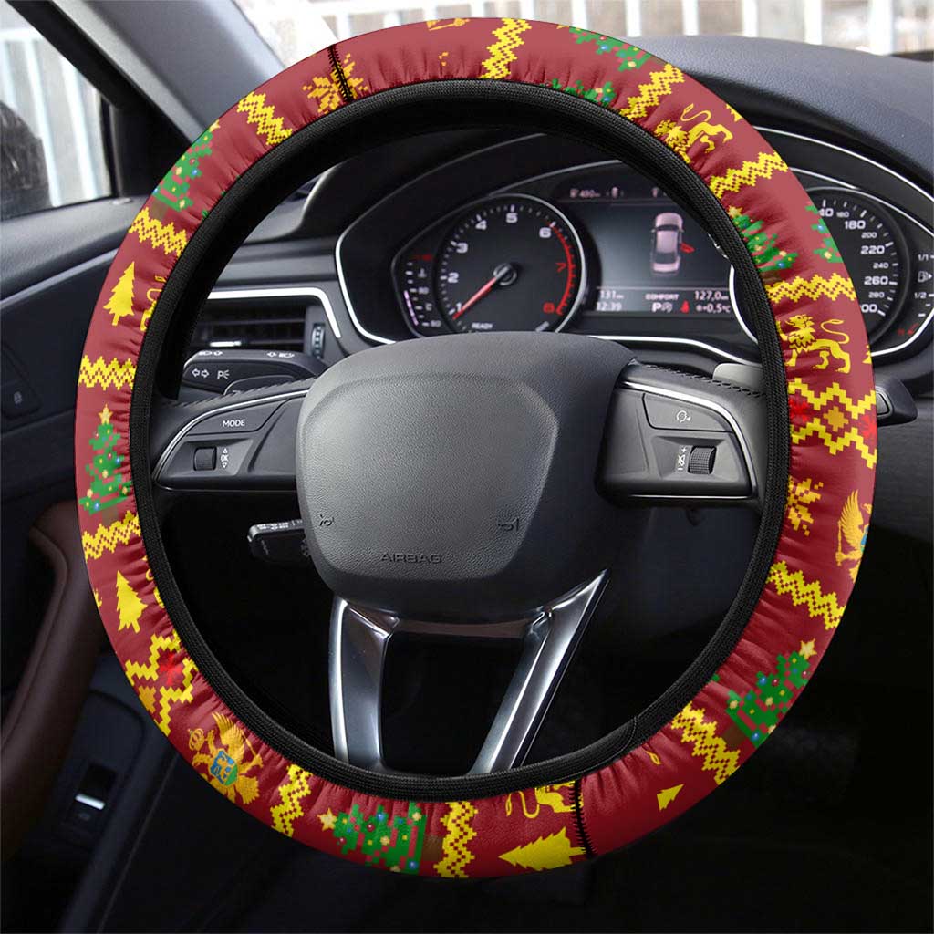 Montenegro Christmas Steering Wheel Cover with Red-Gold Theme, Double-Headed Eagle, and Santa Motif - Wonder Print Shop