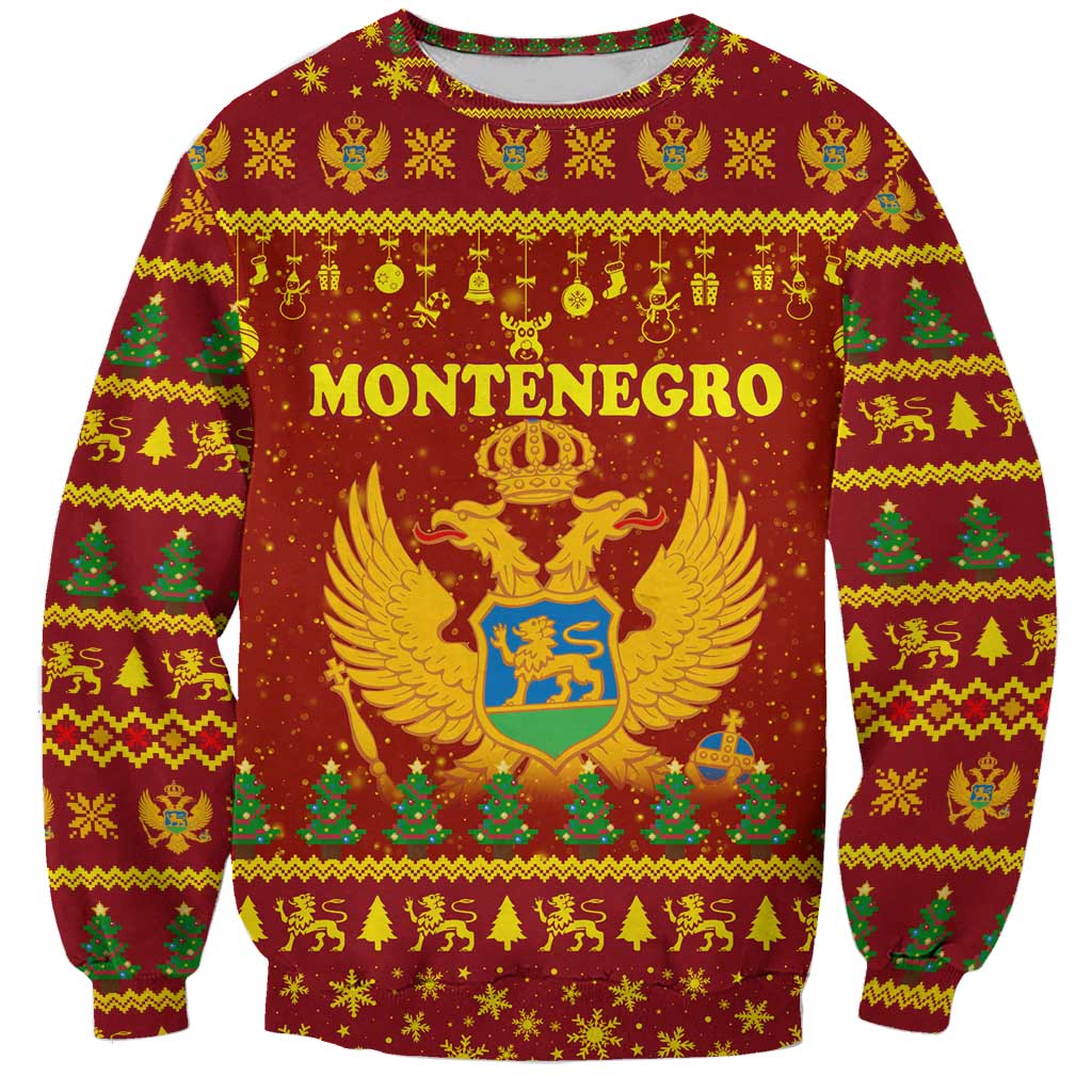 Montenegro Christmas Sweatshirt with Red-Gold Theme, Double-Headed Eagle, and Santa Motif - Wonder Print Shop